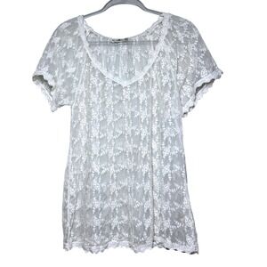 True Grit White Lace Tunic Top Women's Size L‎ V Neck Short Sleeve